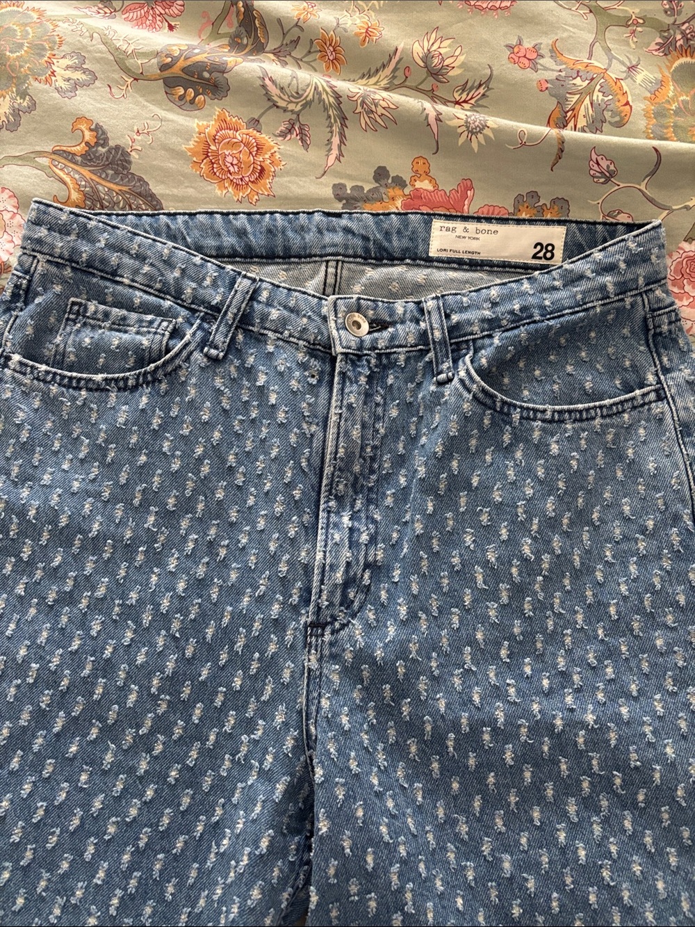 rag & bone Light Blue High-Rise Dot-Textured Jeans